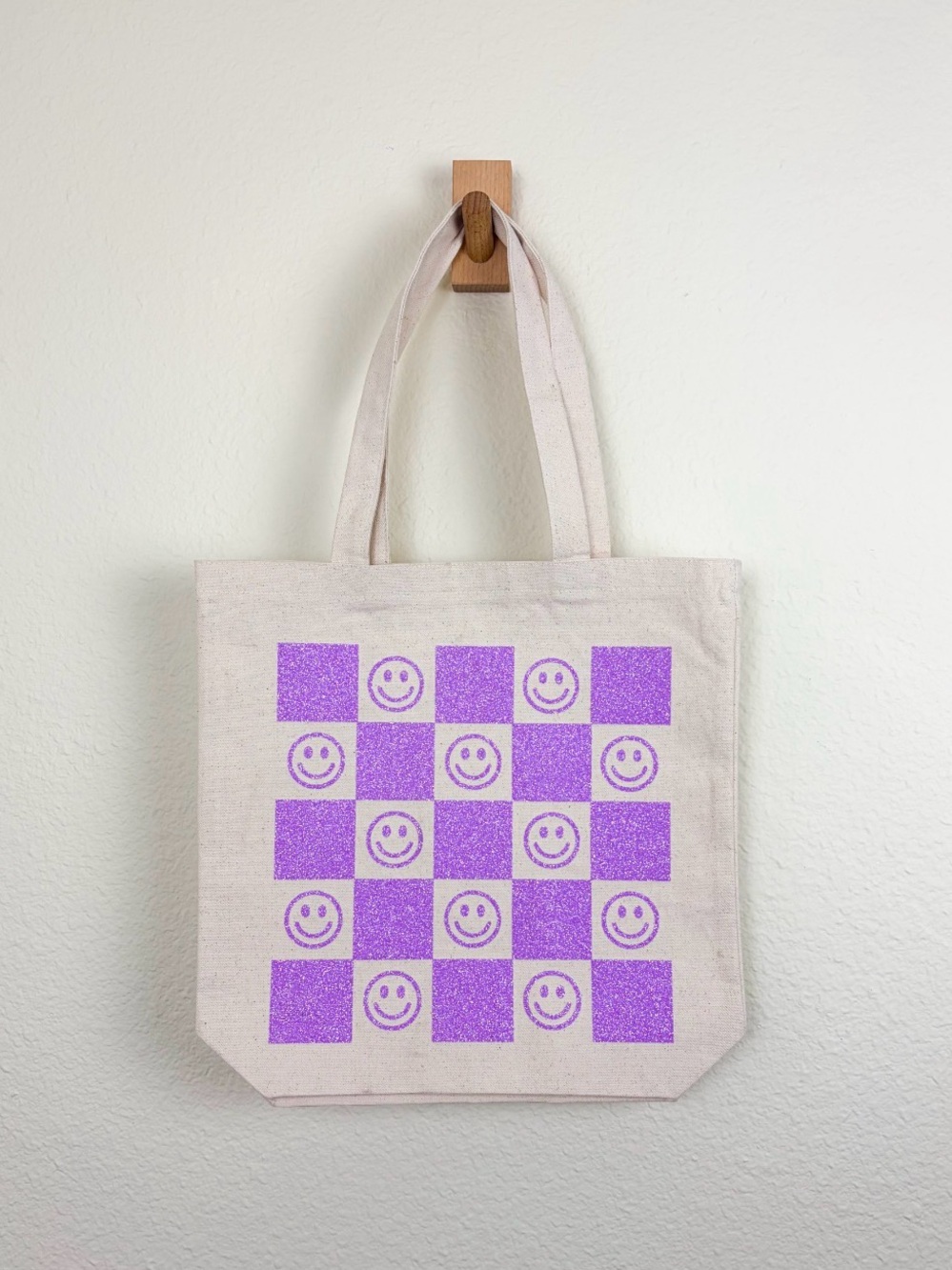 Handmade Sparkly Purple Smiley Face Checkered Tote Bag